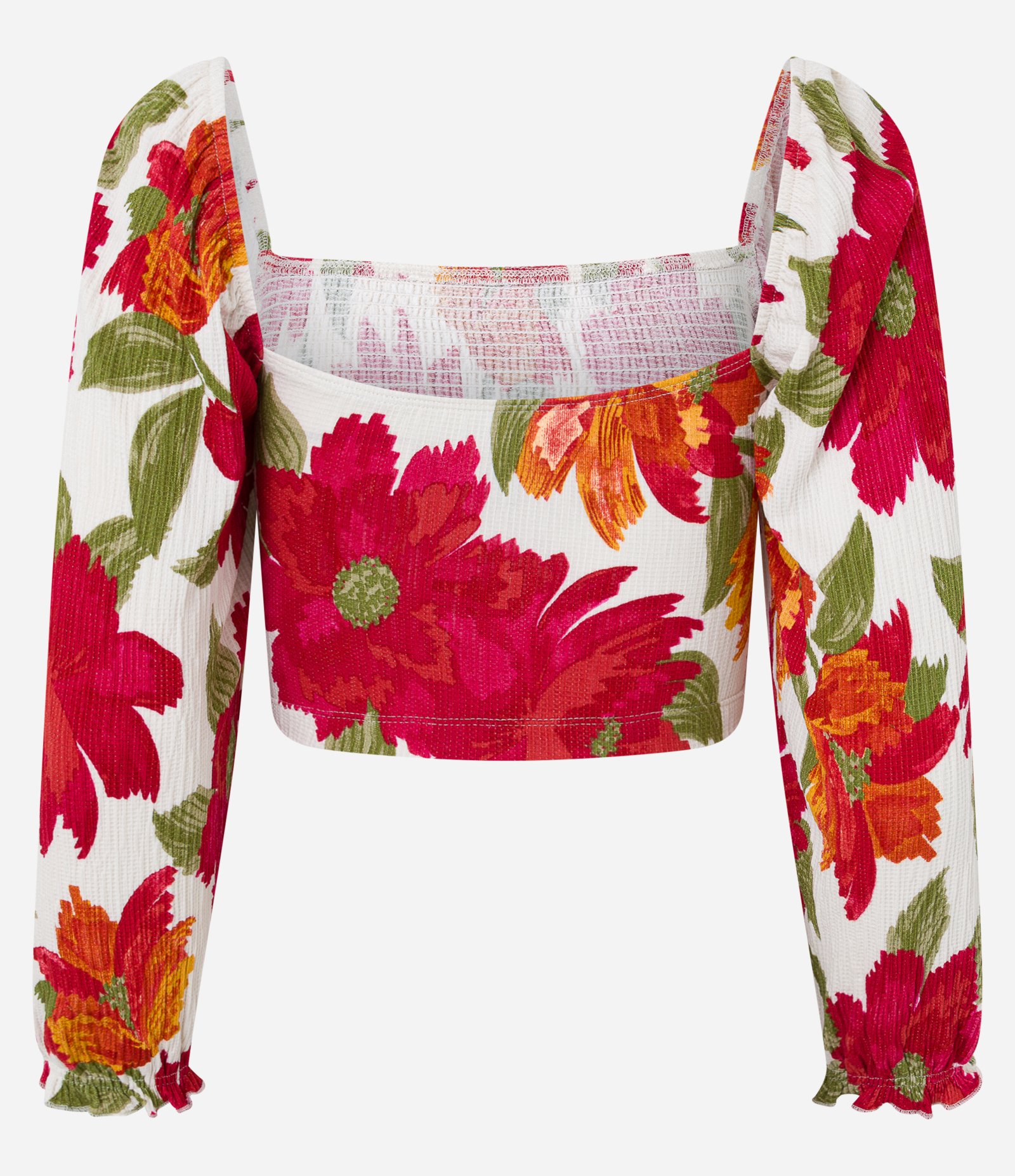 Blusa Cropped Texturizada com Lastex e Estampa Floral Branco 5