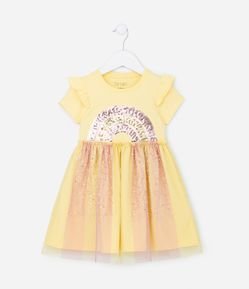 Vestido Infantil com Arco-Íris Bordado em Paetê e Saia de Tule - Tam 1 a 5 anos