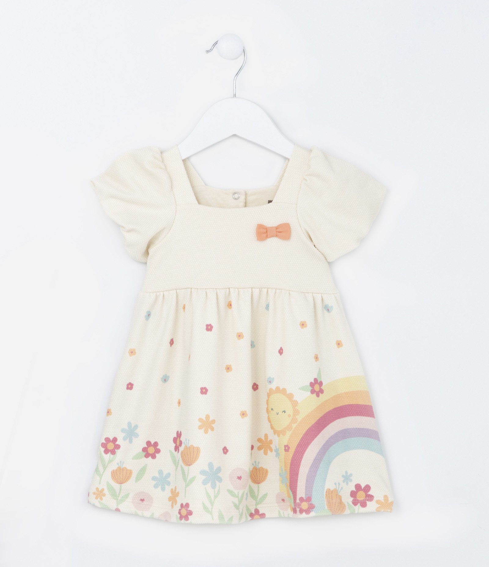 Vestido Infantil Texturizado com Mangas Bufantes - Tam 0 a 18 meses Bege 1