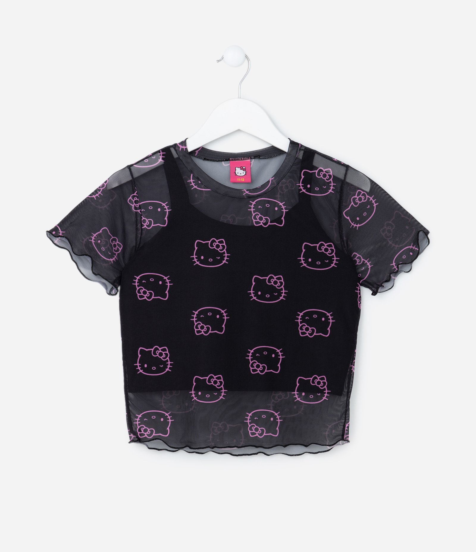 Camiseta Cropped Infantil em Tule com Estampa Hello Kitty - Tam 5 a 14 anos Preto 1