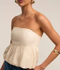 Blusa Balonê Tomara que Caia em Tricoline com Lastex nas Costas