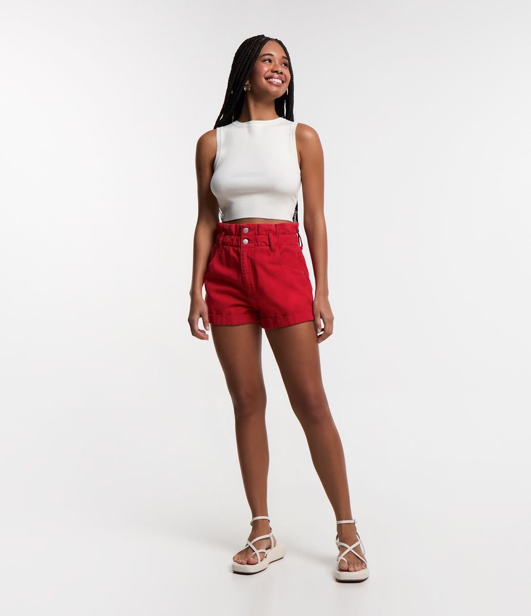 Short Baggy de Cintura Alta em Sarja com Franzido no Còs Vermelho