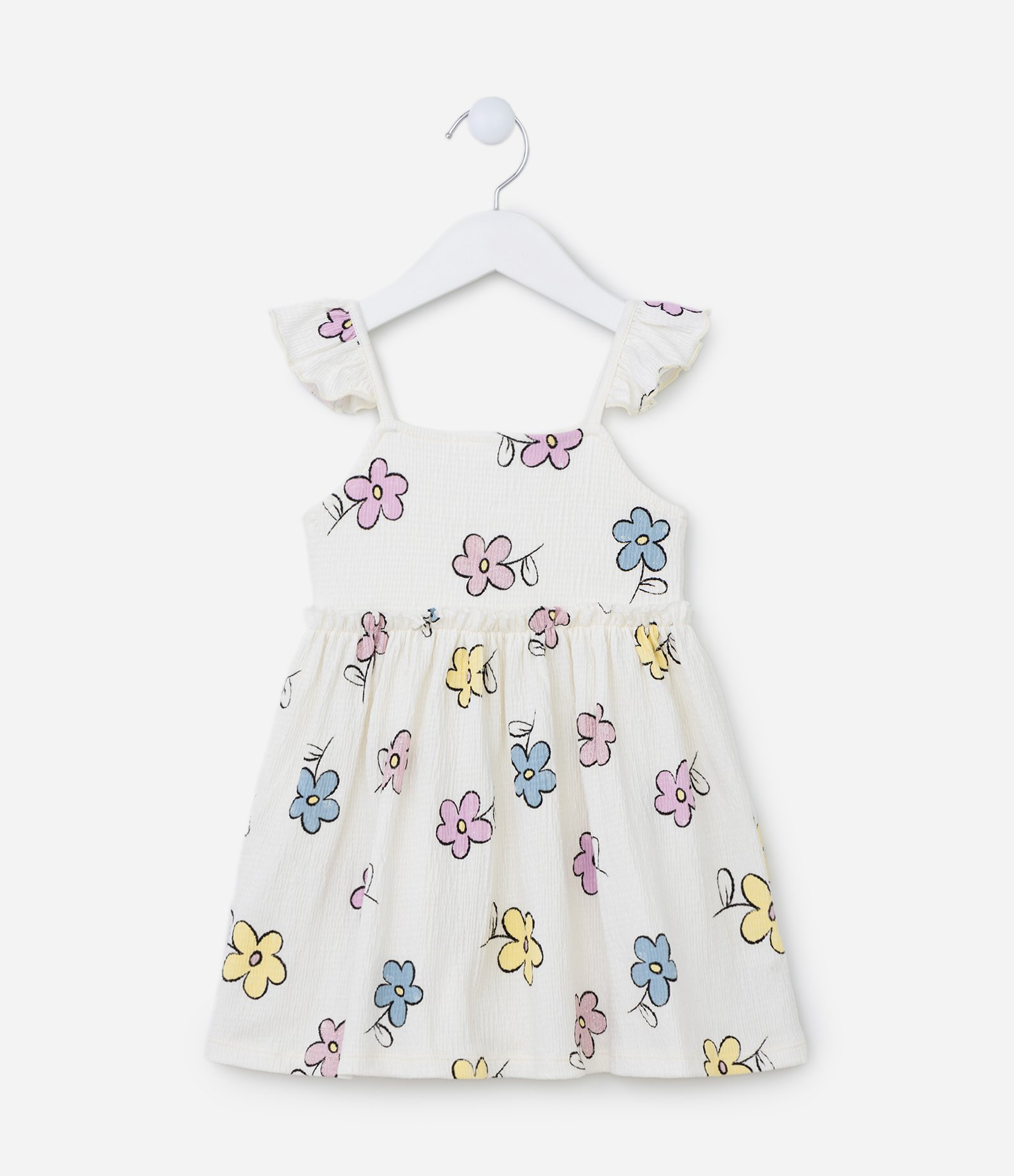 Vestido Infantil Texturizado com Babadinhos e Estampa Floral - Tam 2 a 5 anos Branco 1