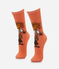 Meia Cano Alto em Algodão com Estampa Ansiedade Divertidamente