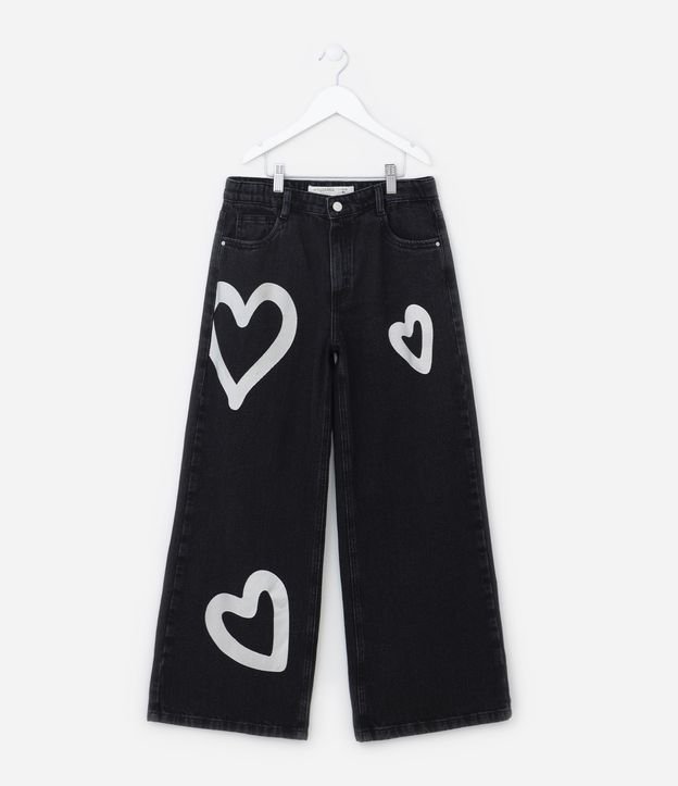 Calça Wide Leg Infantil em Jeans com Estampa de Corações - Tam 5 a 14 Anos