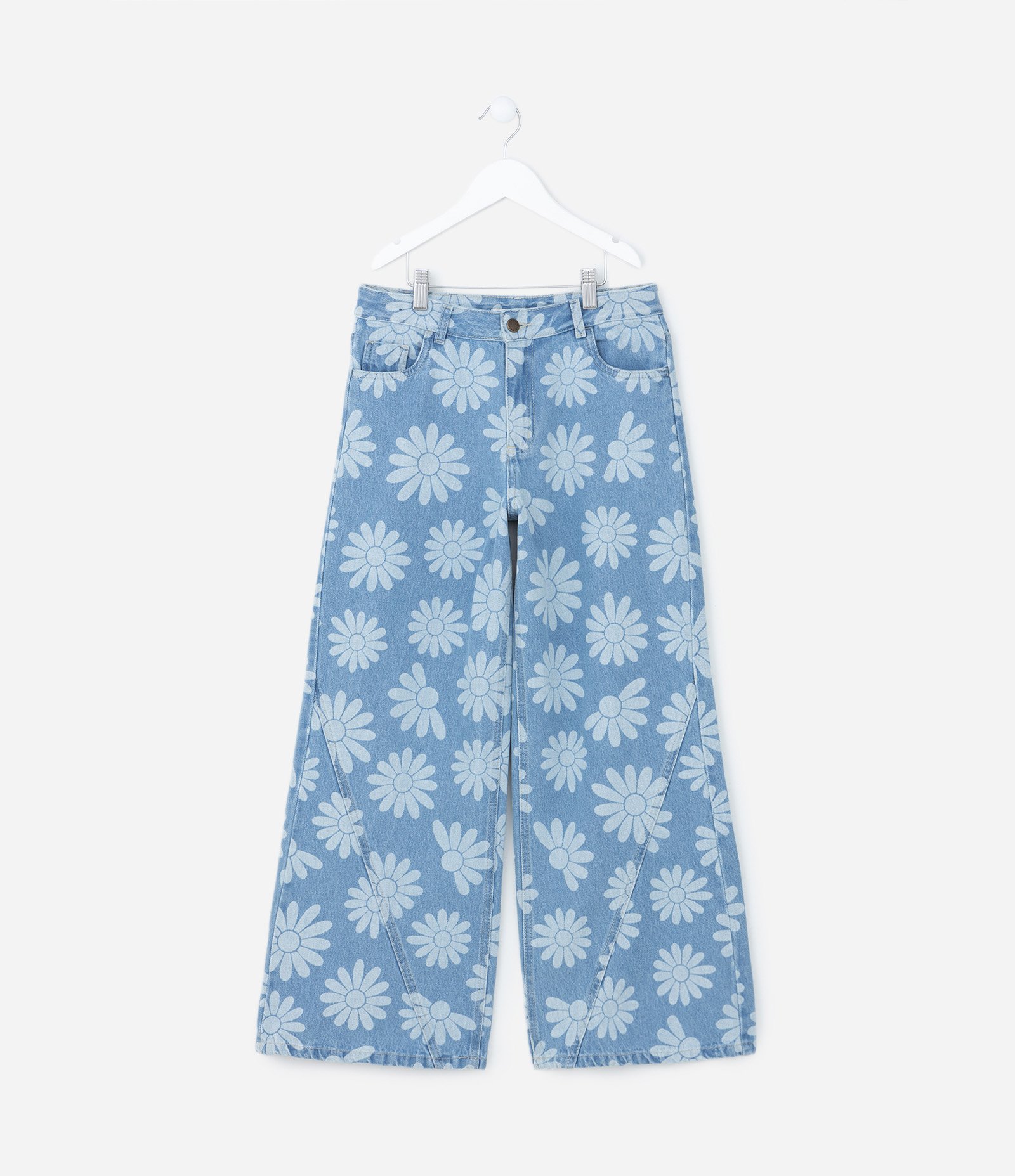 Calça Wide Leg Jeans com Estampa Margaridinhas - Tam 5 a 14 Anos Azul 1