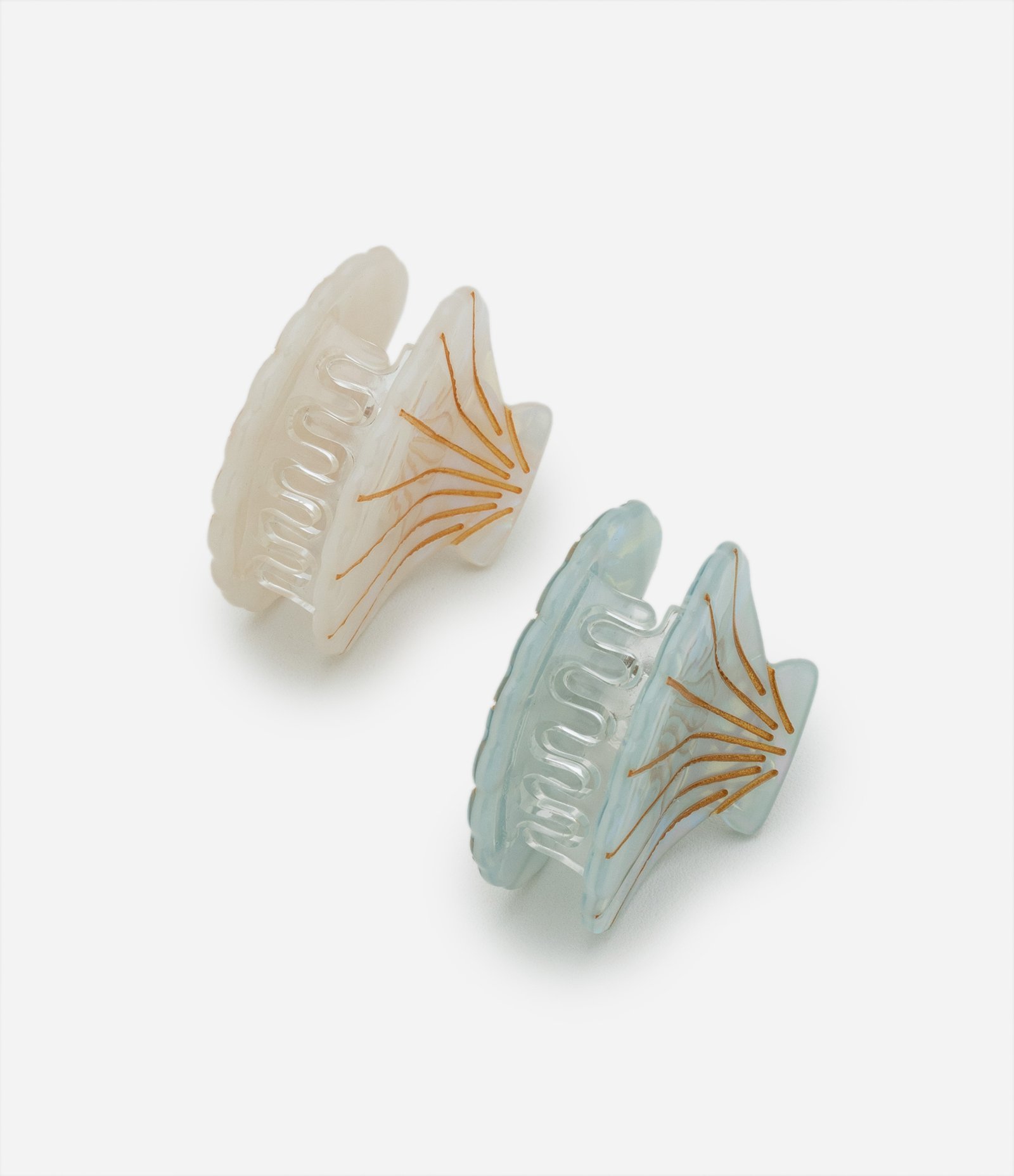 Kit 02 Piranhas de Cabelo de Plástico Detalhes de Concha e Metalizados Off White/Azul 2