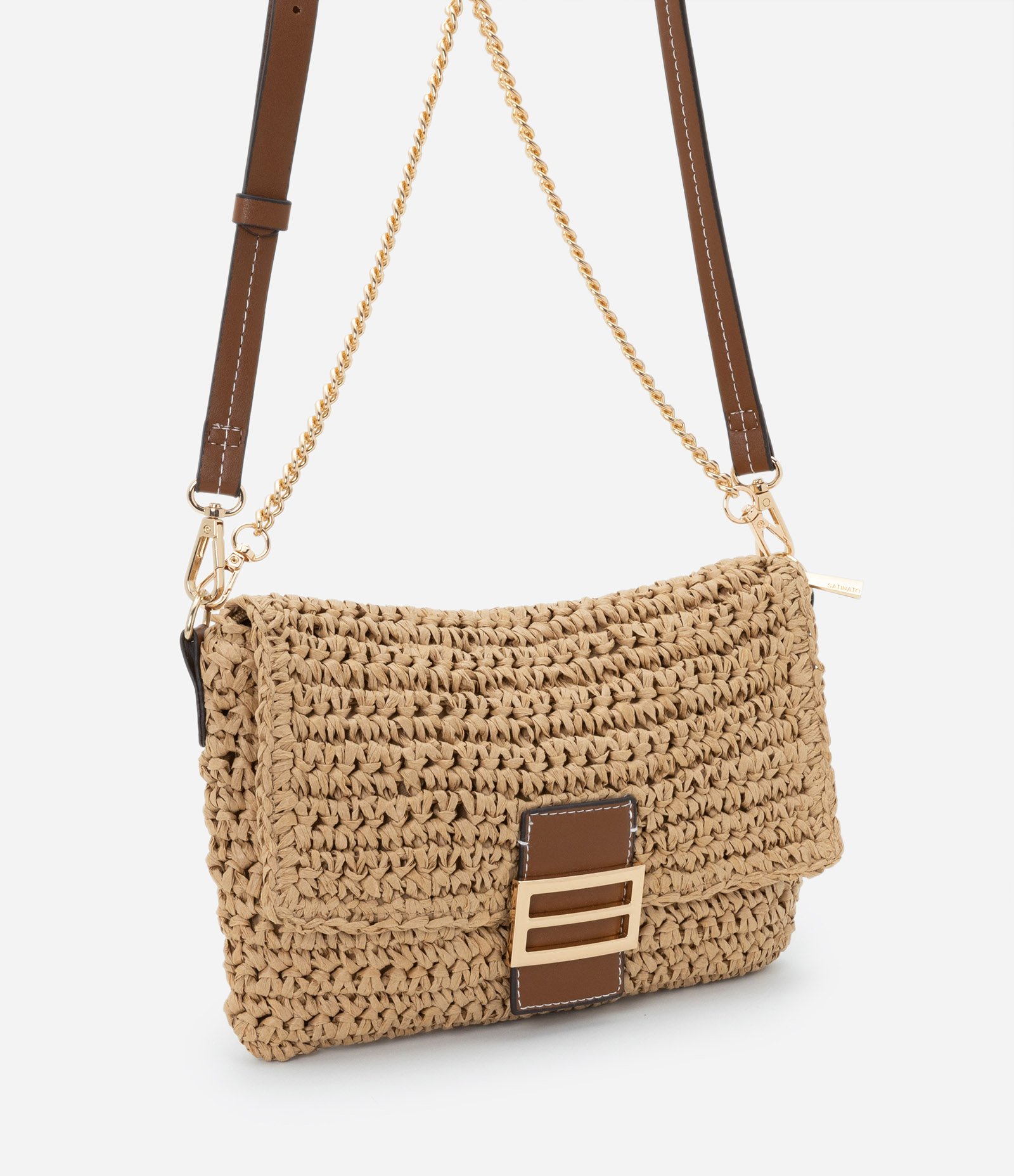 Bolsa em Palha Estilo Baguete com Locker de Metal e Alça Longa Bege 1