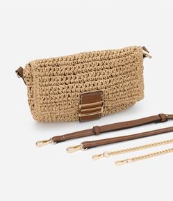 Bolsa em Palha Estilo Baguete com Locker de Metal e Alça Longa