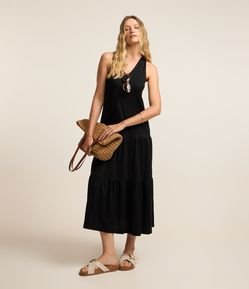 Vestido Evasê Midi em Piquet com Alça Cruzada com Nó