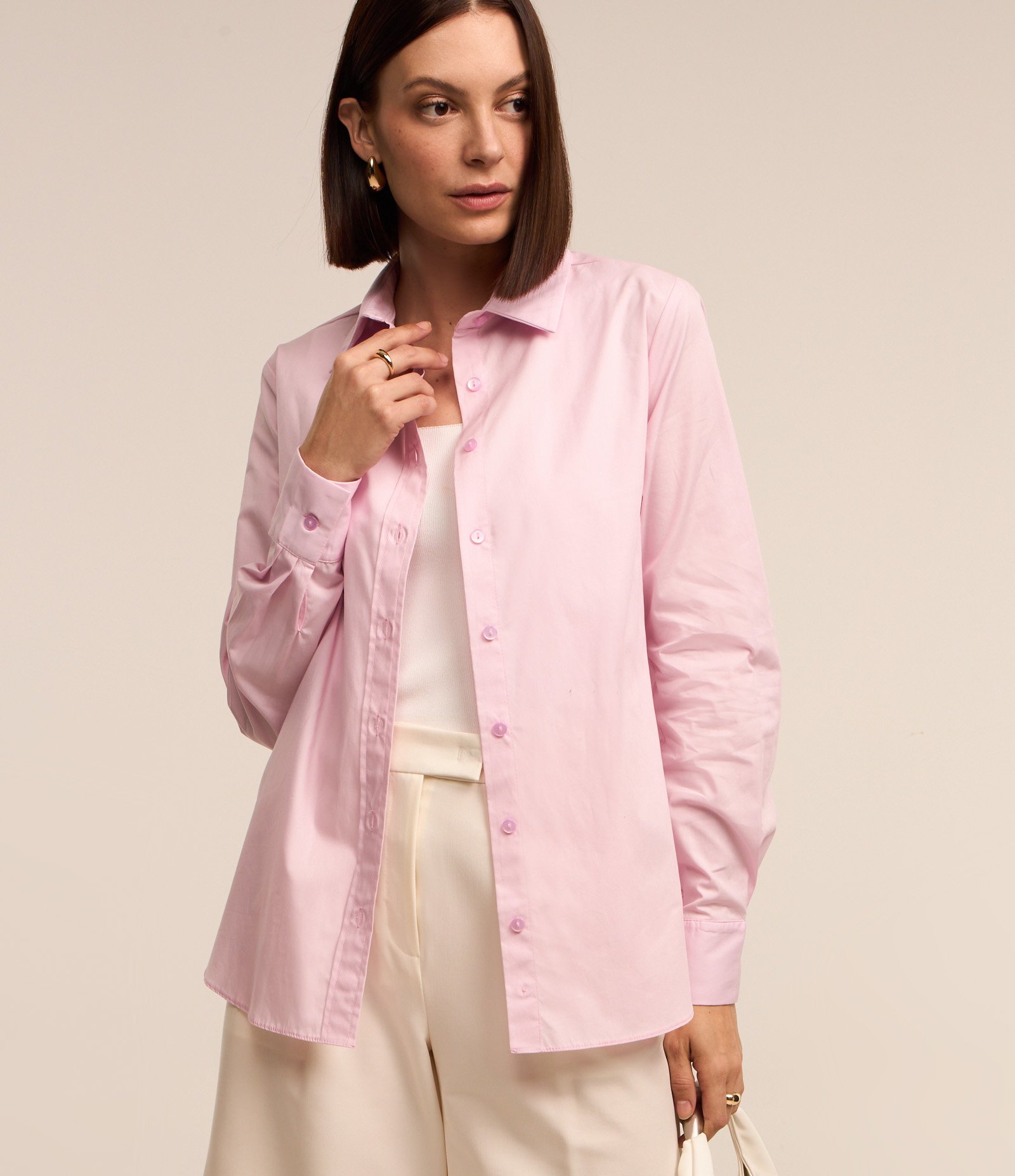 Camisa em Tricoline com Abotoamento e Punho Largo Rosa Claro 3