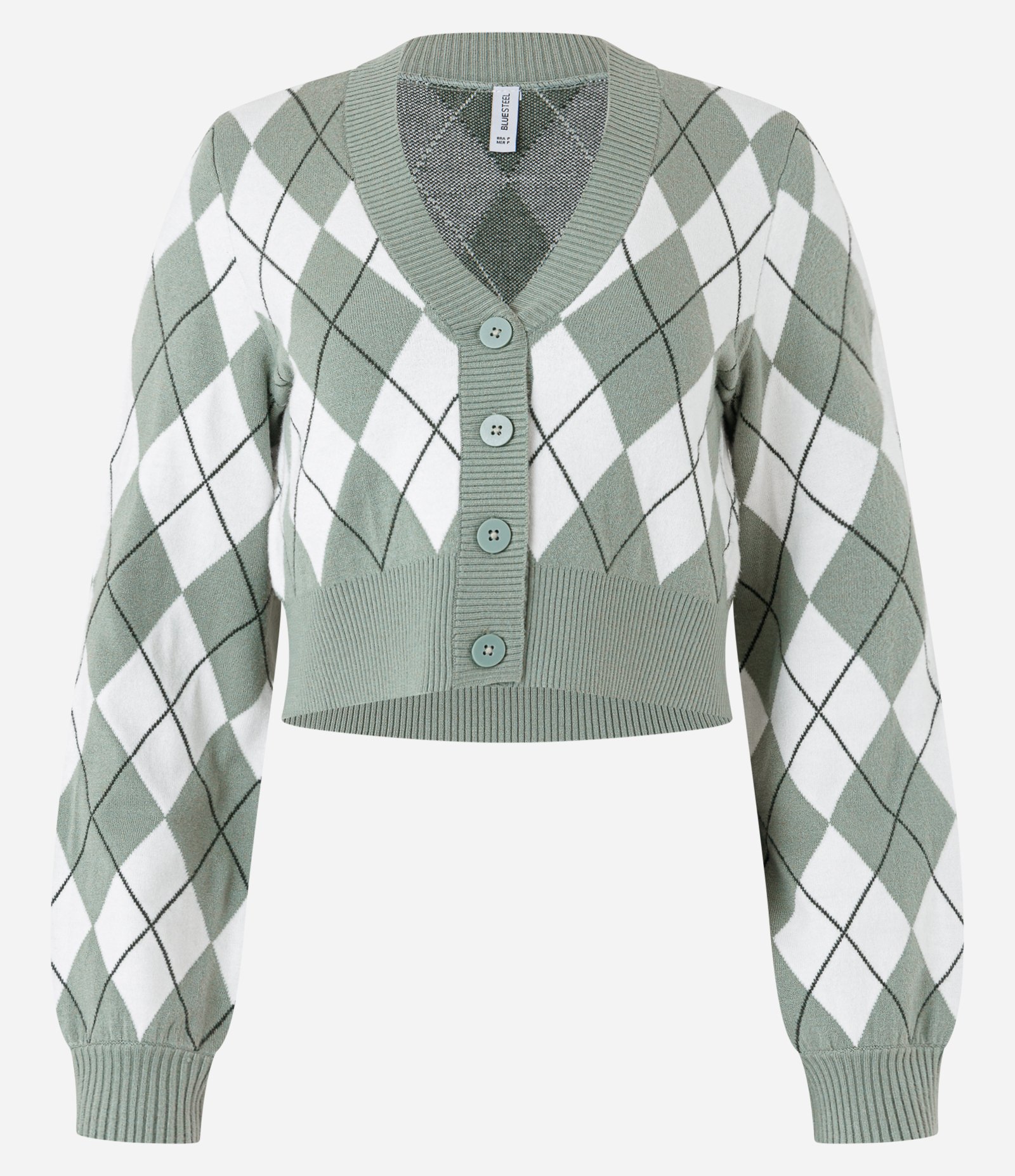 Cardigan Cropped em Tricô Xadrez Argyle Verde 4