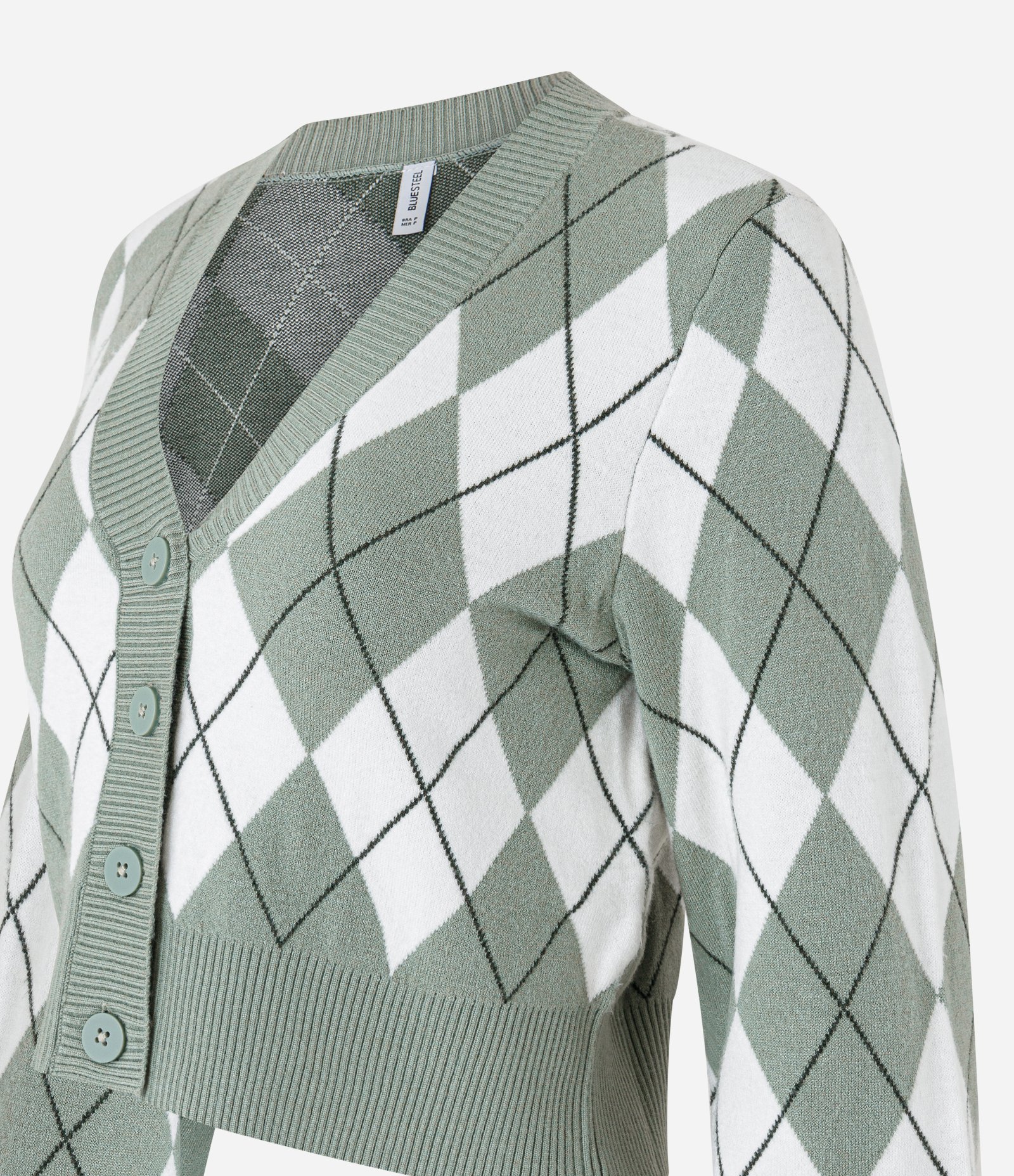 Cardigan Cropped em Tricô Xadrez Argyle Verde 5