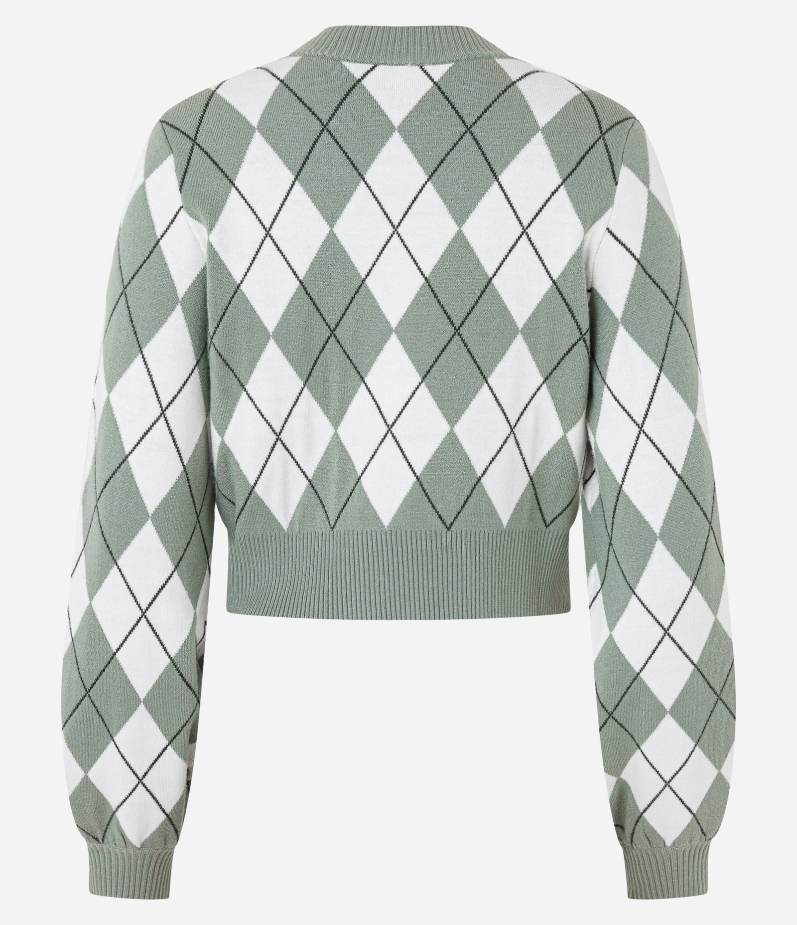 Cardigan Cropped em Tricô Xadrez Argyle Verde 6
