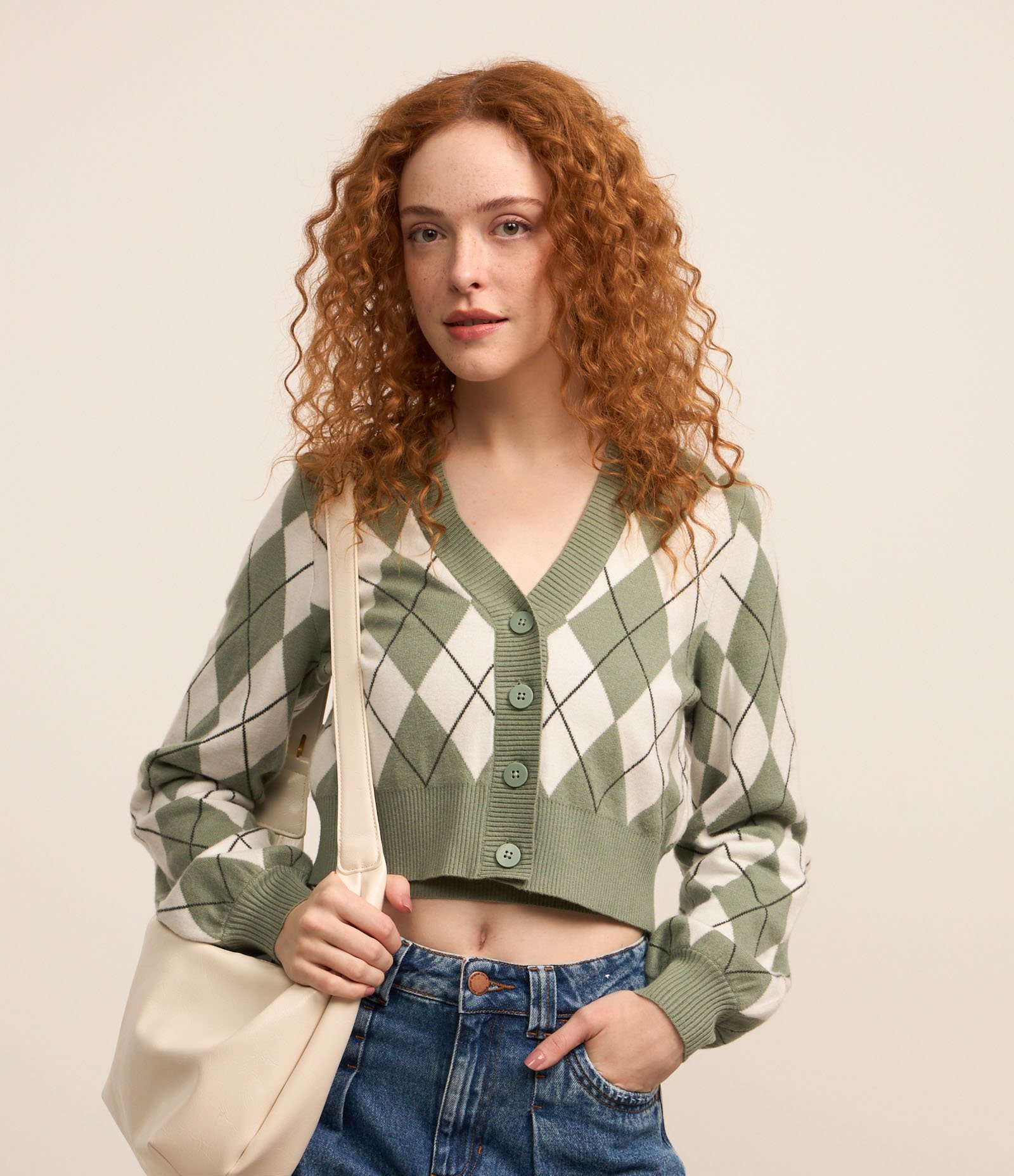 Cardigan Cropped em Tricô Xadrez Argyle Verde 1