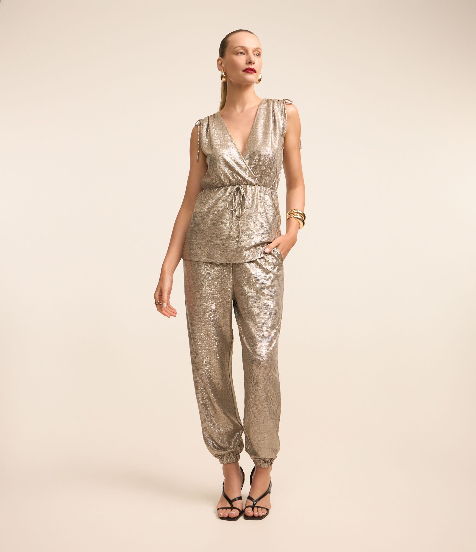 Calça Aladim com Elástico no Cós e Fio Metalizado Prata 1