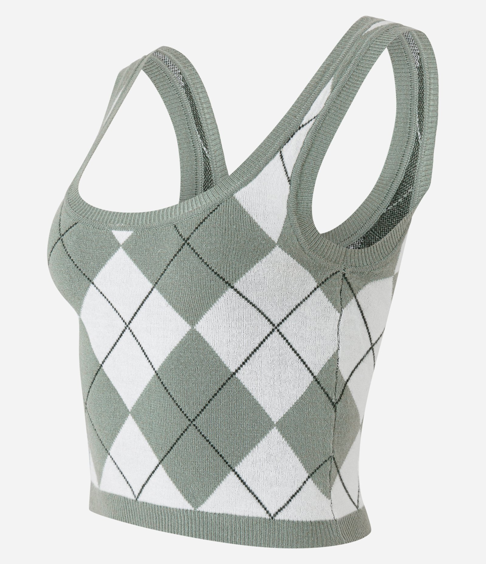 Blusa sem Manga em Jacquard com Estampa Xadrez Argyle Verde/ Branco 6