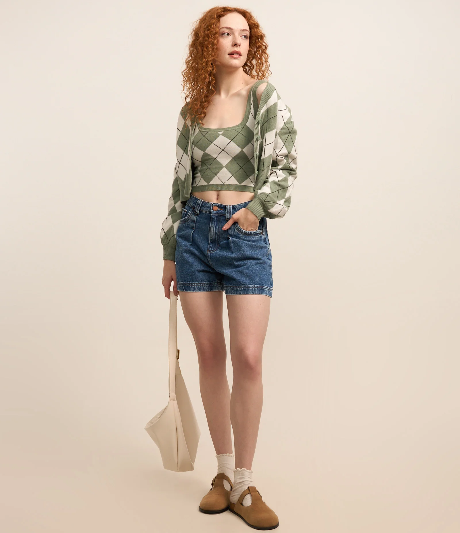 Blusa sem Manga em Jacquard com Estampa Xadrez Argyle Verde/ Branco 2