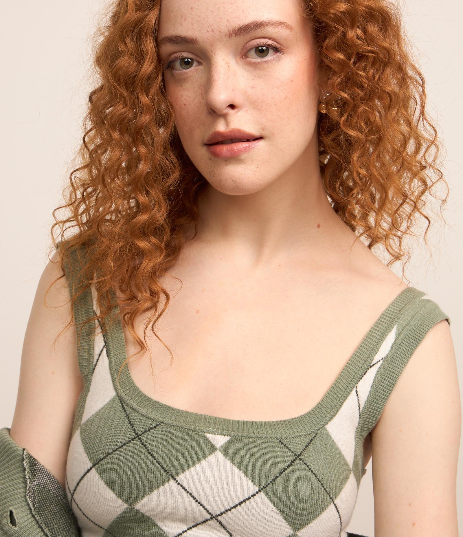 Blusa sem Manga em Jacquard com Estampa Xadrez Argyle Verde/ Branco 3