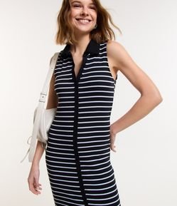 Vestido New Midi em Ribana Listrado com Gola Polo