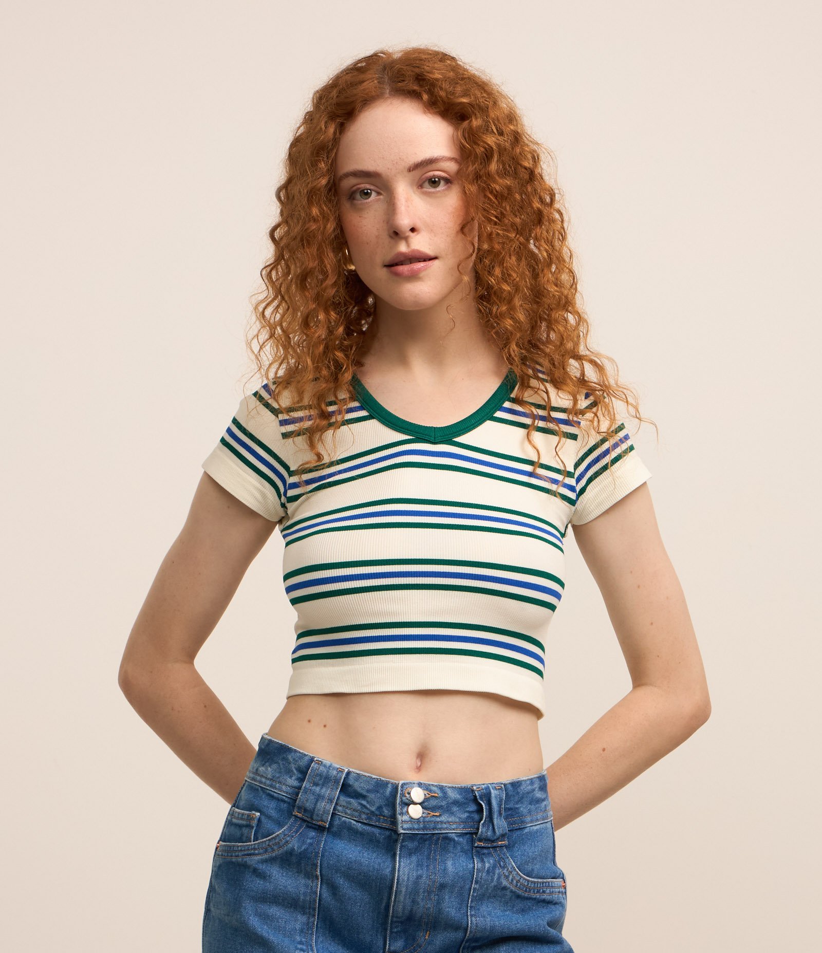 Blusa Cropped em Poliamida Seamless com Listras Verde/Azul 1