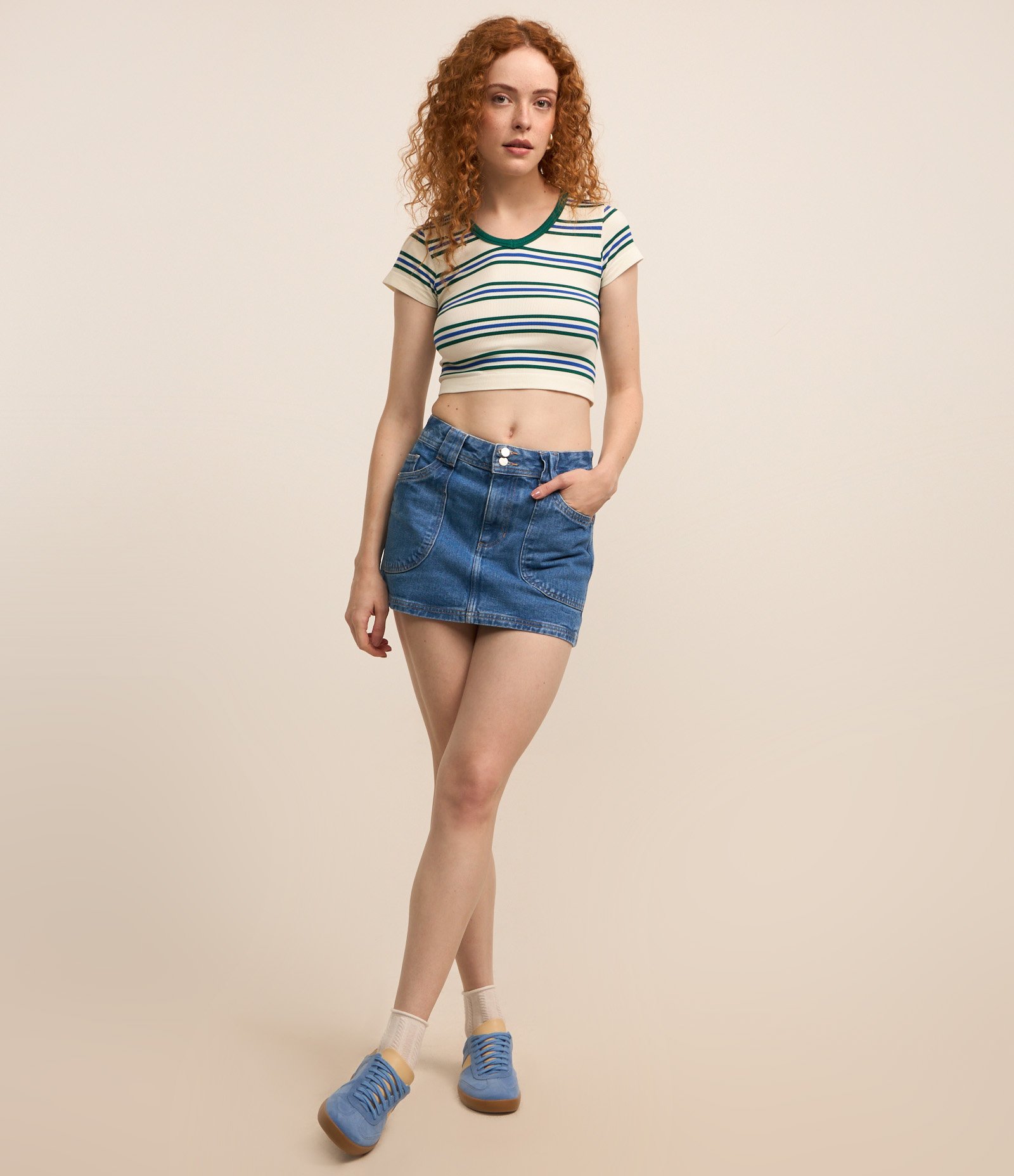 Blusa Cropped em Poliamida Seamless com Listras Verde/Azul 2