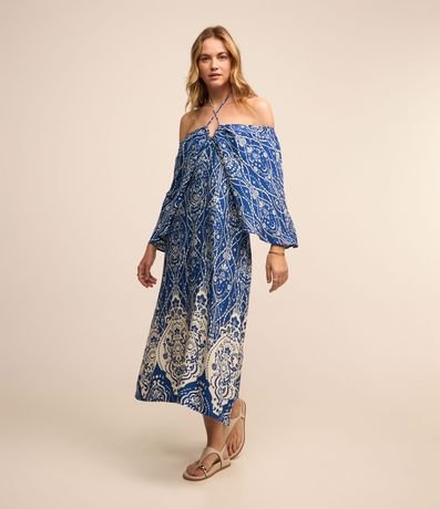 Vestido Midi em Viscose com Amarração no Decote e Estampa Arabescos Vestido Midi em Viscose com Amarração no Decote e Estampa Arabescos
