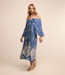 Vestido Midi em Viscose com Amarração no Decote e Estampa Arabescos