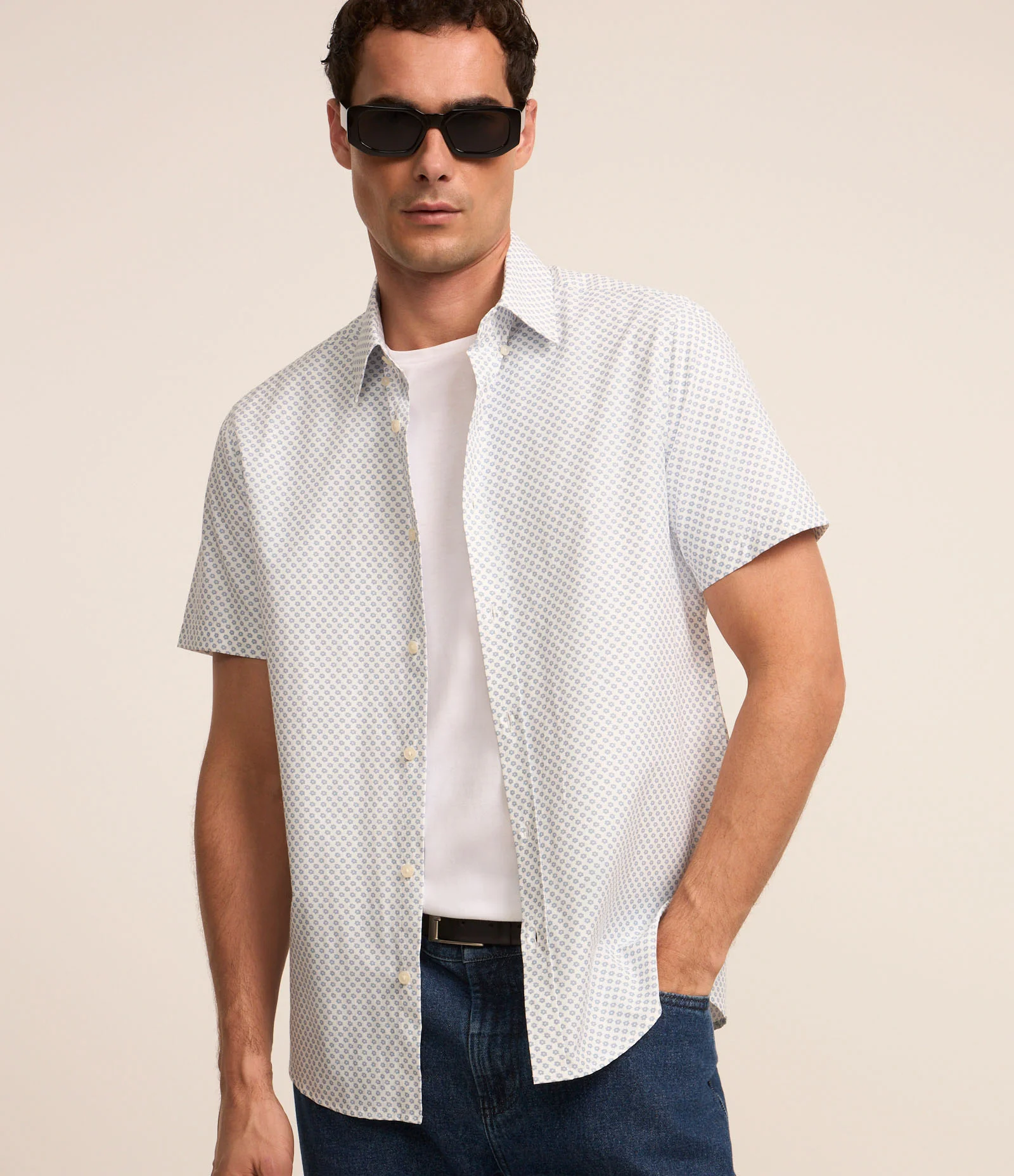 Camisa Alfaiataria em Tricoline com Estampa Mini Print Azul 1