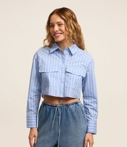 Camisa Cropped Tricoline com Listras e Bolsos Frontais