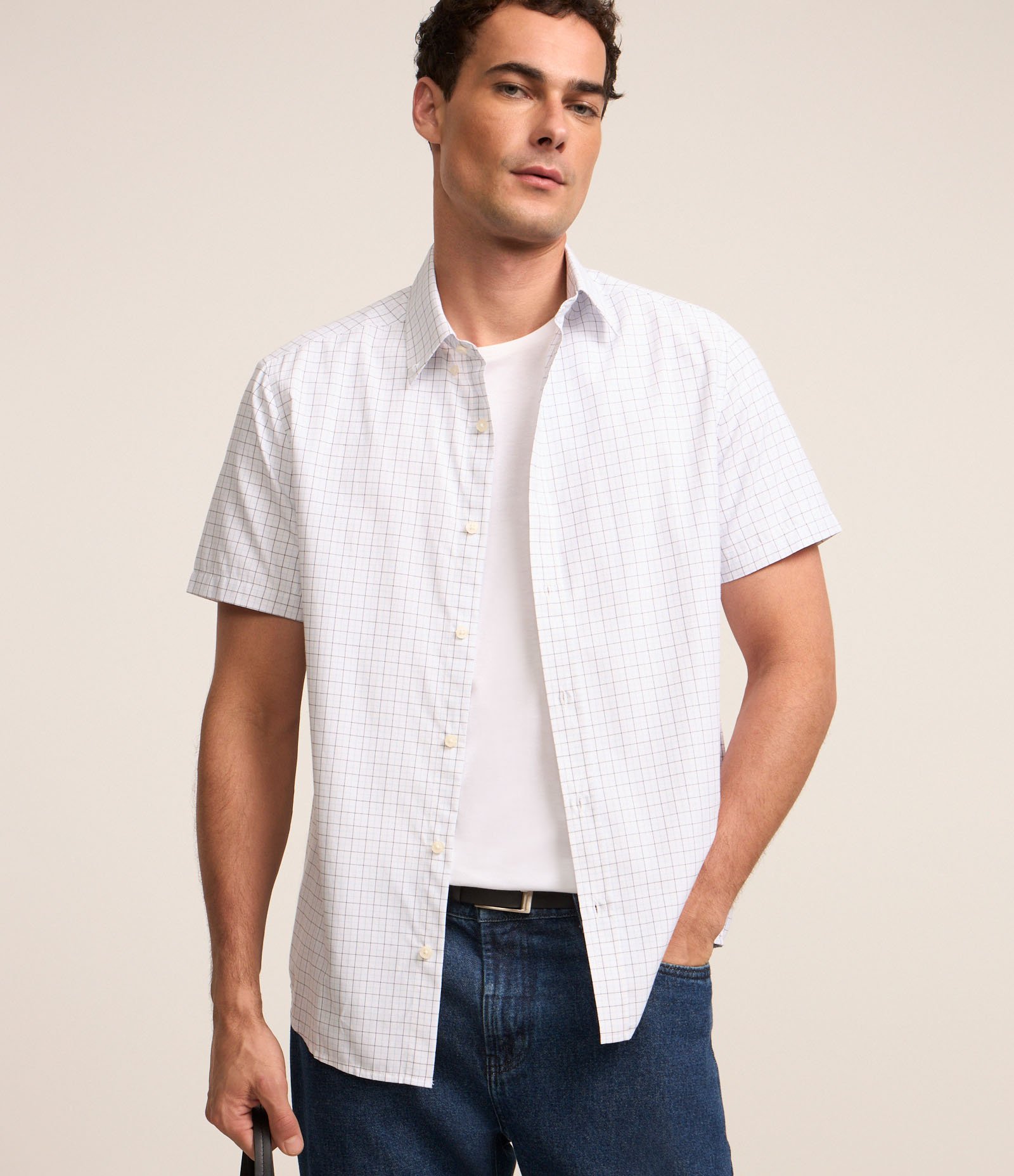 Camisa Regular em Tricoline com Grid em Fio Tinto Branco 1