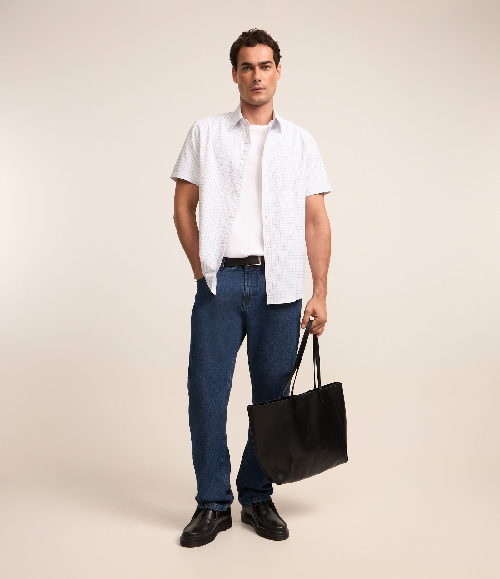 Camisa Regular em Tricoline com Grid em Fio Tinto Branco 2