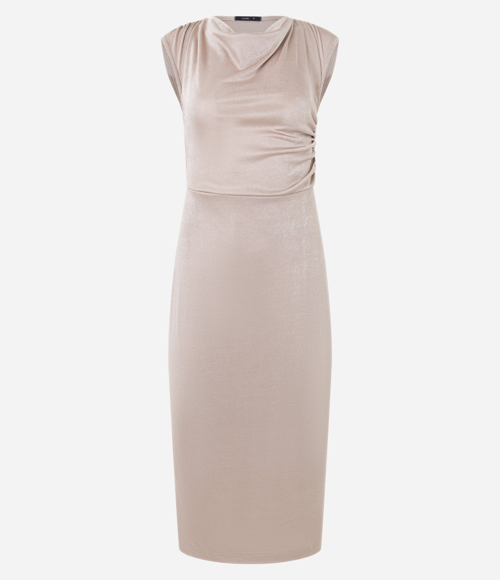 Vestido Midi com Decote Degagê e Pregas no Ombro Bege 6