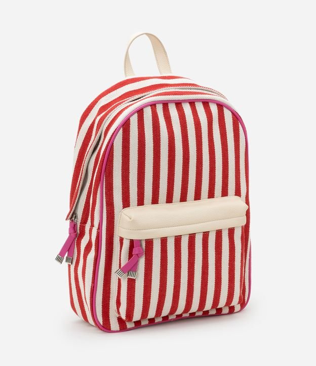 Mochila Grande Têxtil com Estampa de Listras e Bolso Frontal