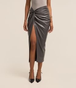 Saia Reta Midi em PU com Detalhe Nó Lateral e Zíper nas Costas