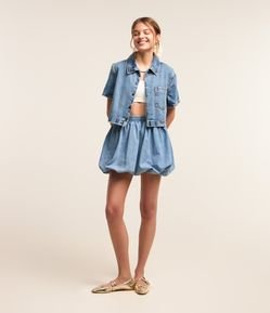 Saia Balonê Curta em Jeans com Elástico no Cós