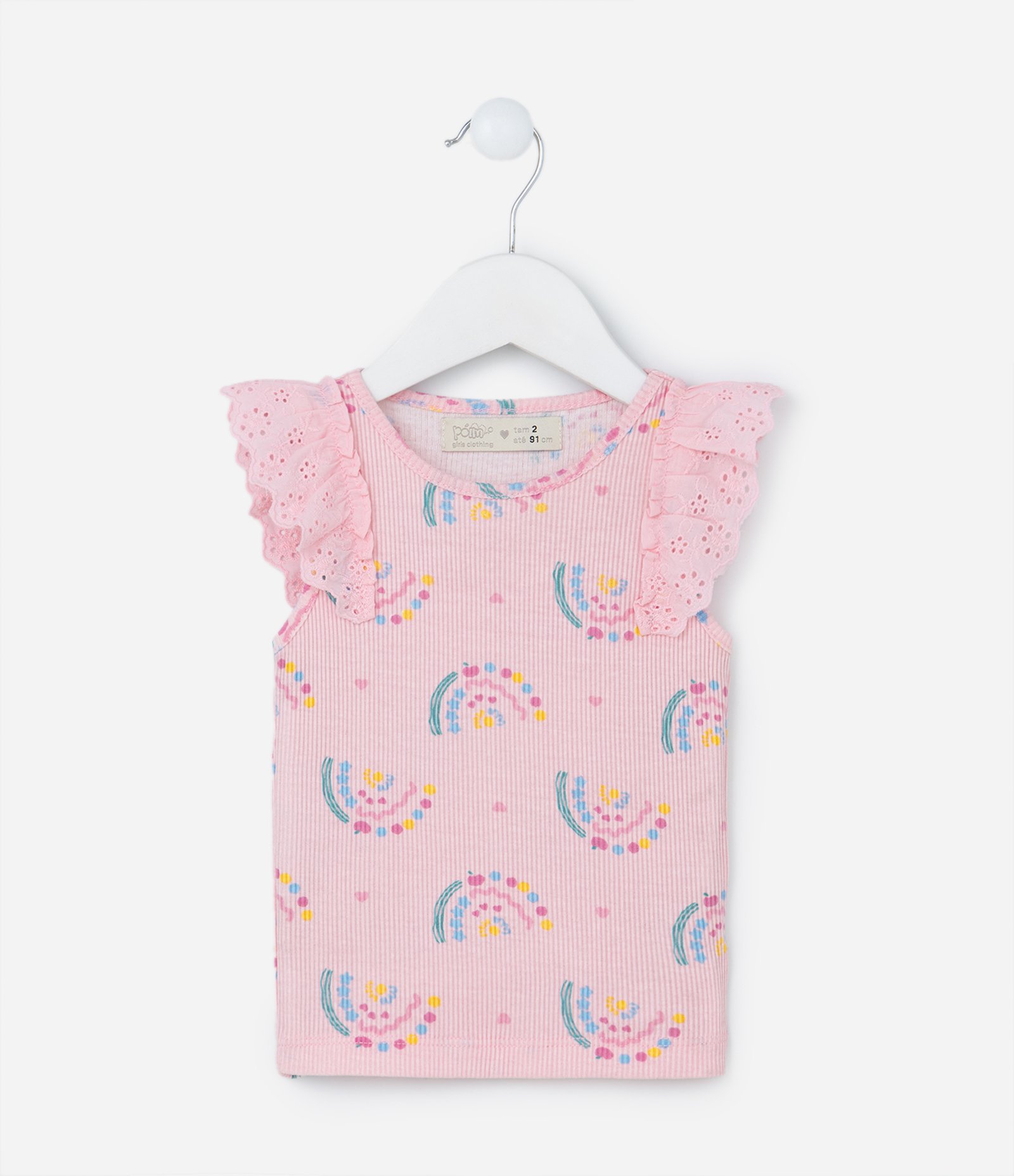 Regata Infantil em Ribana com Babado Broderie - Tam 1 a 5 Anos Rosa 1