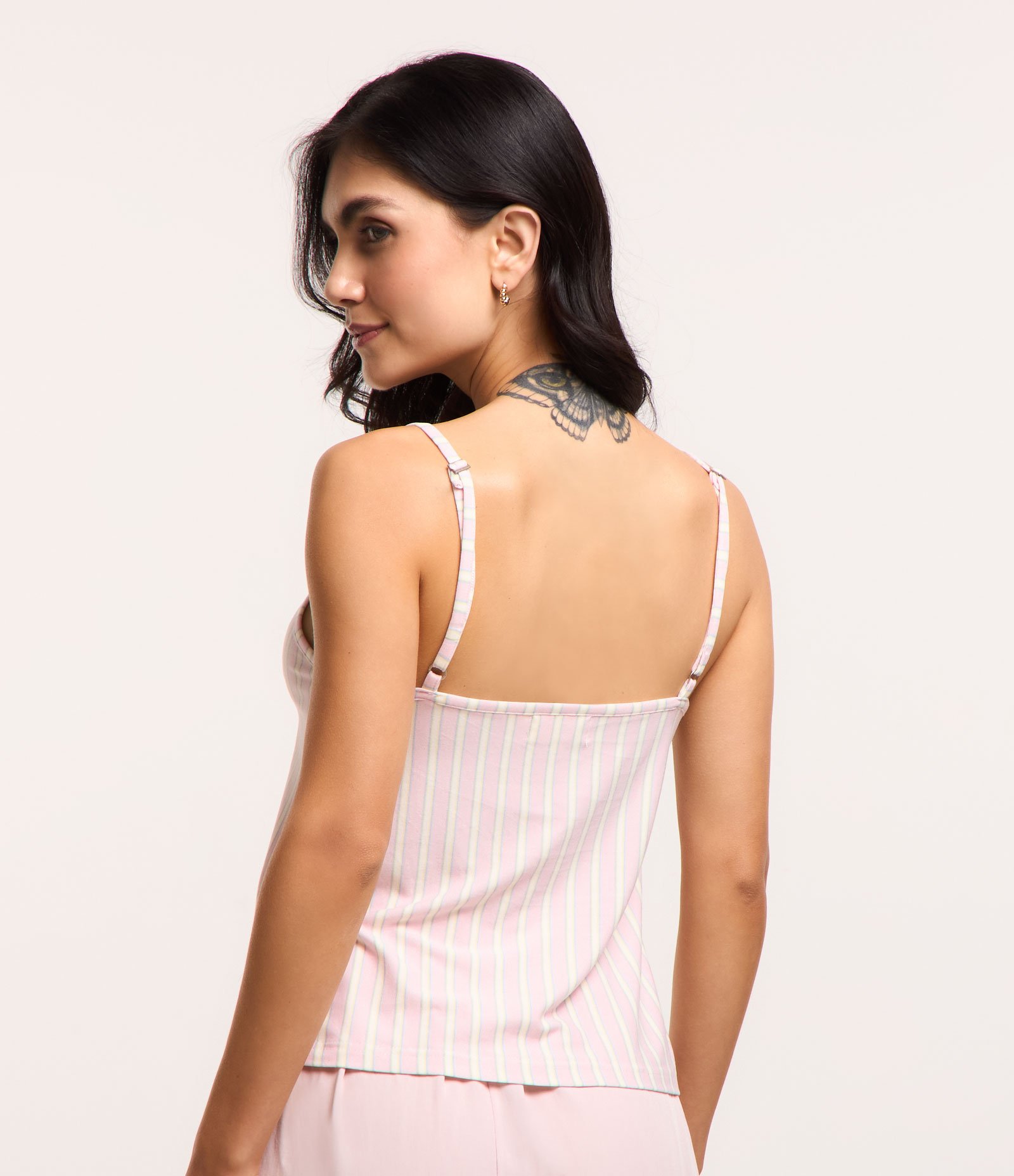 Blusa de Pijama Alcinhas com Renda no Decote e Estampa Listrada Rosa 2