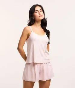 Blusa de Pijama Alcinhas com Renda no Decote e Estampa Listrada