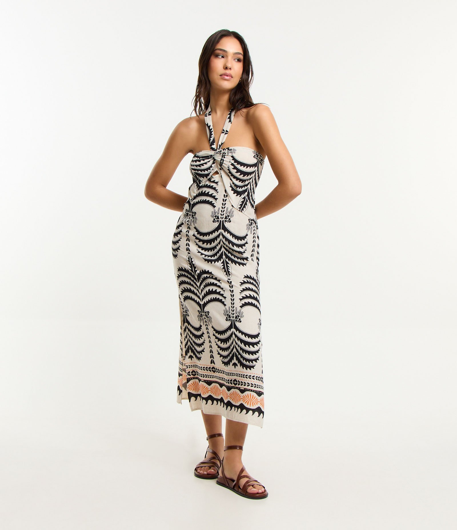 Saída de Praia Vestido em Viscolinho com Estampa Étnica Bege 1