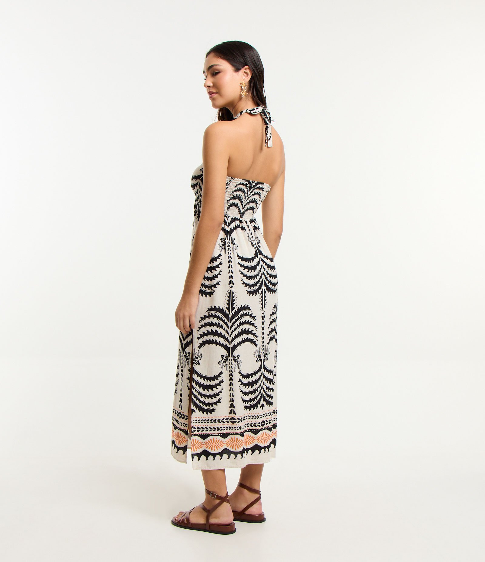 Saída de Praia Vestido em Viscolinho com Estampa Étnica Bege 2