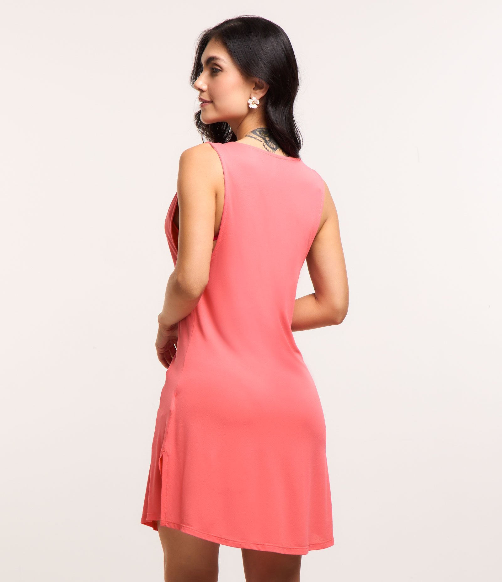 Saída de Praia Vestido Sem Manga em Crepe Rosa Coral 2