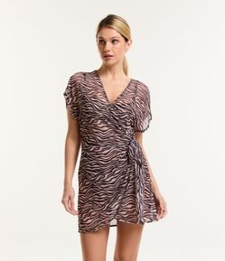 Saída de Praia Vestido em Tule Transpassado com Estampa de Zebra