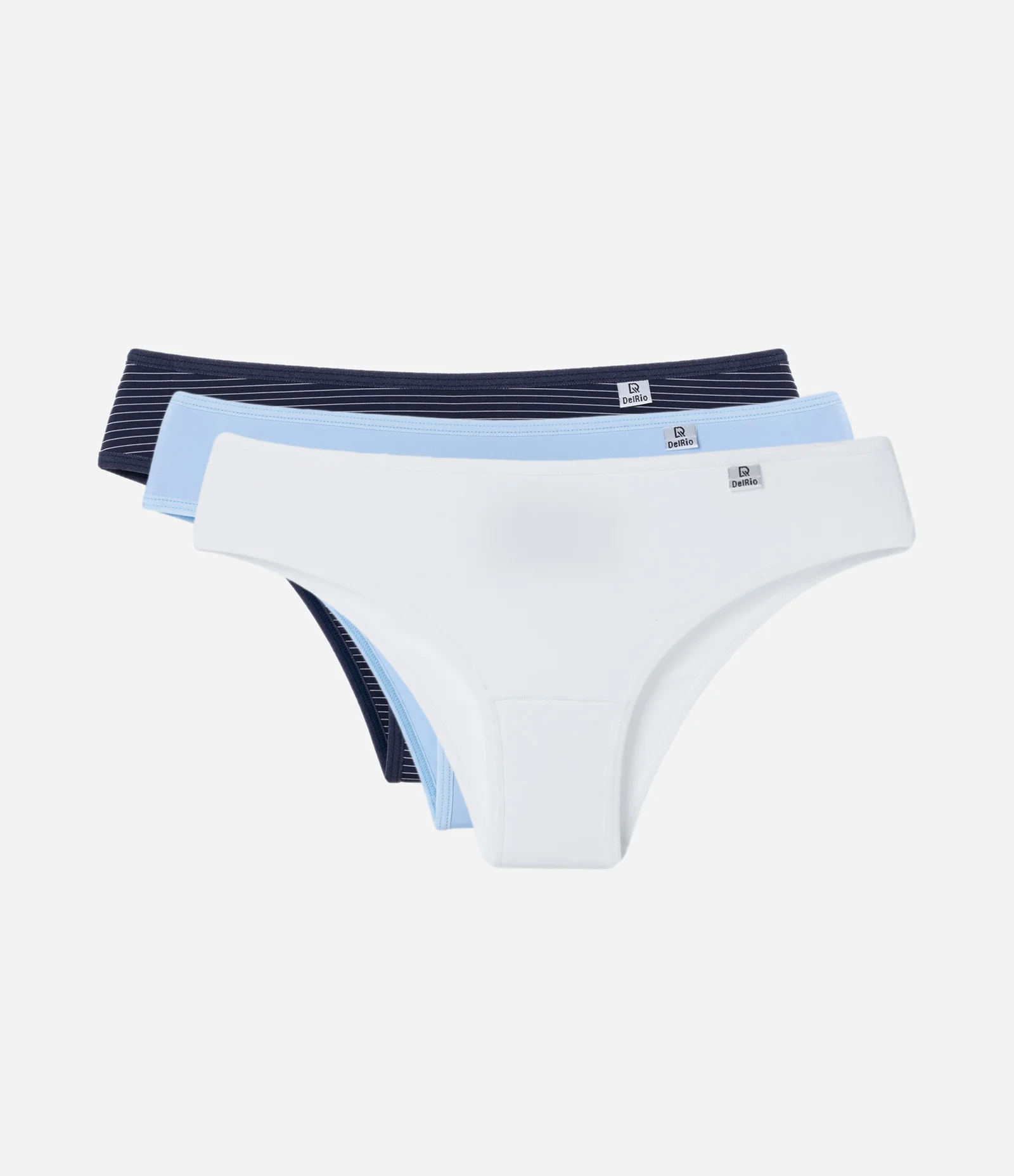 Kit 03 Calcinhas Biquíni em Microfibra com Estampa de Listras DelRio Branco/Azul Claro/Azul Escuro 1