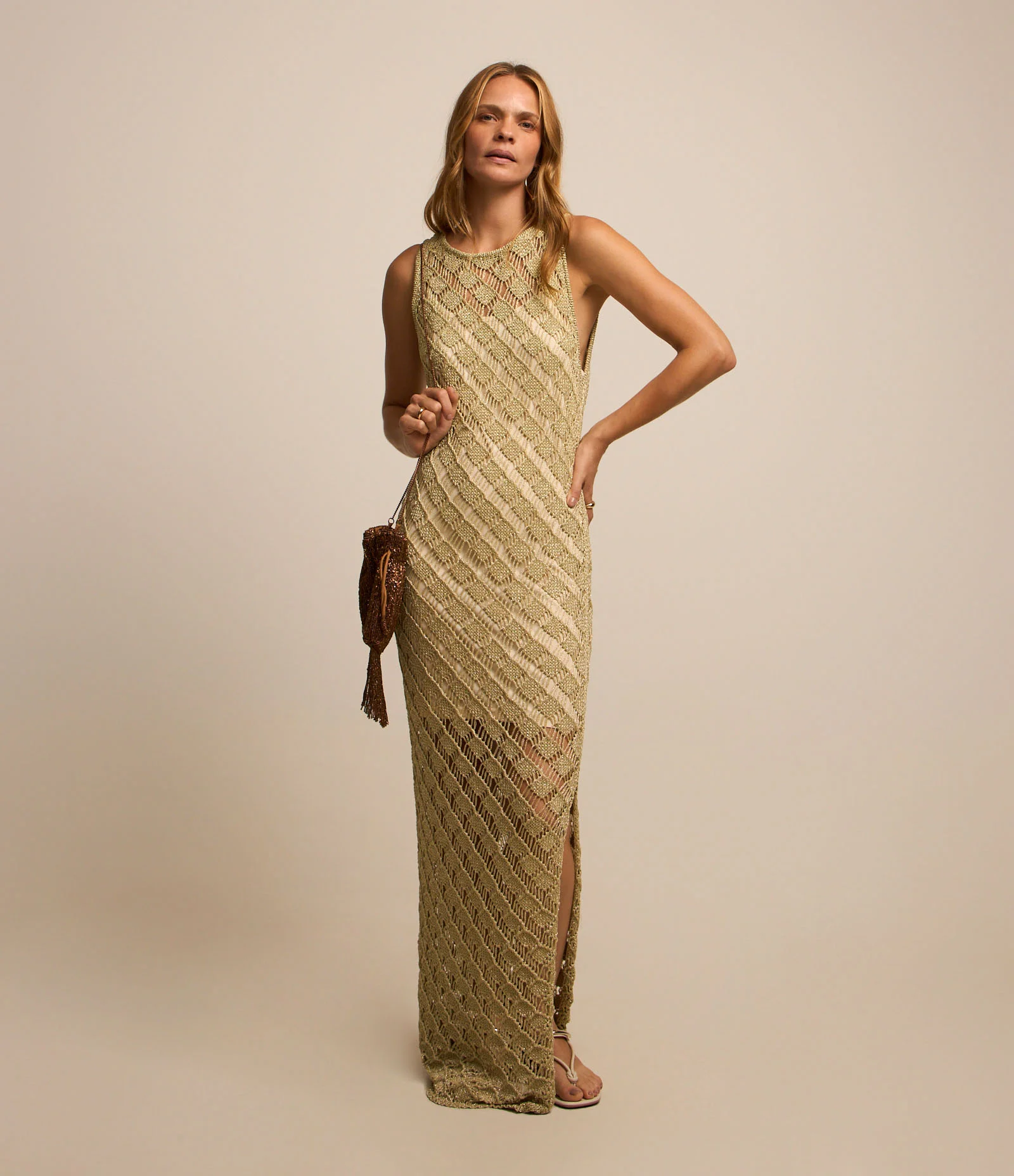 Vestido Midi em Tricô com Detalhes Texturizados Bege 2