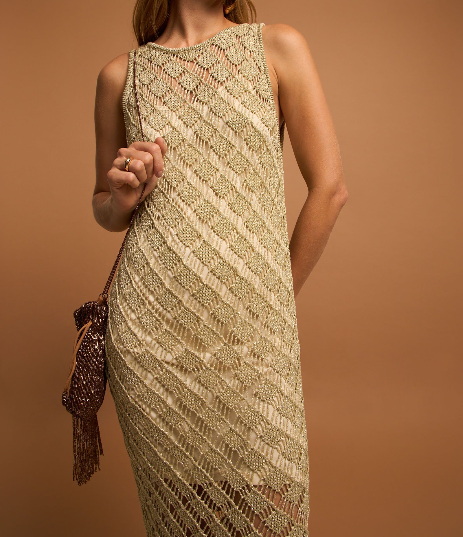 Vestido Midi em Tricô com Detalhes Texturizados Bege 3