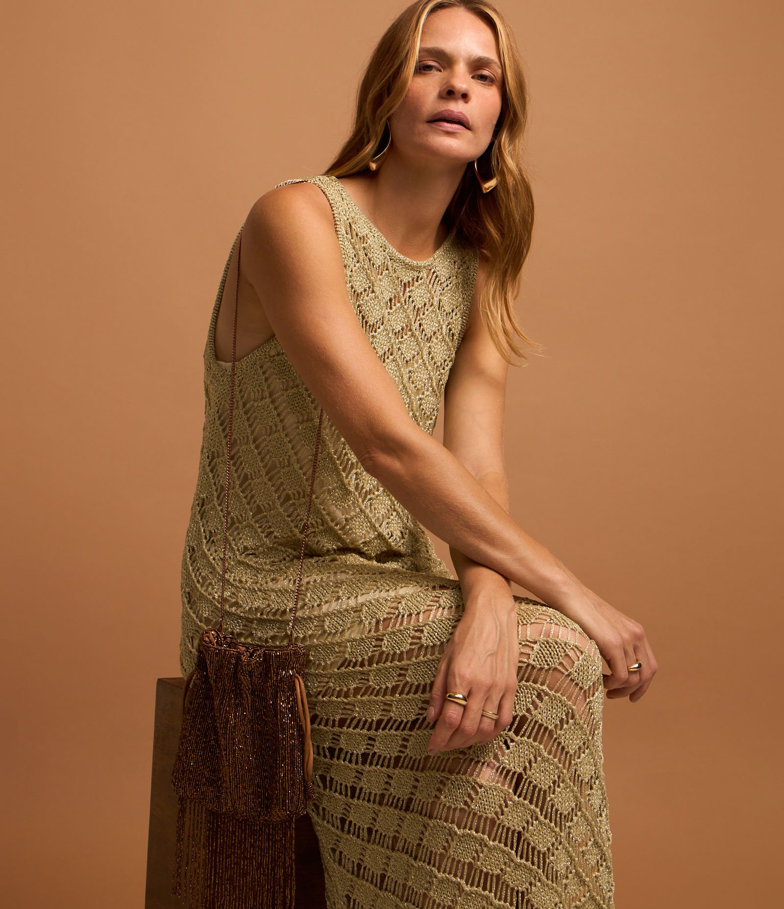 Vestido Midi em Tricô com Detalhes Texturizados Bege 5