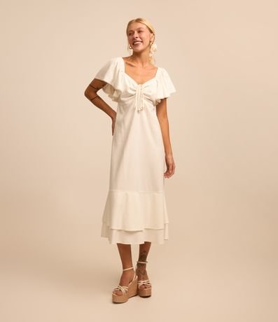 Vestido New Midi em Linho com Babados e Miçangas Menor preço em Vestido New Midi em Linho com Babados e Miçangas