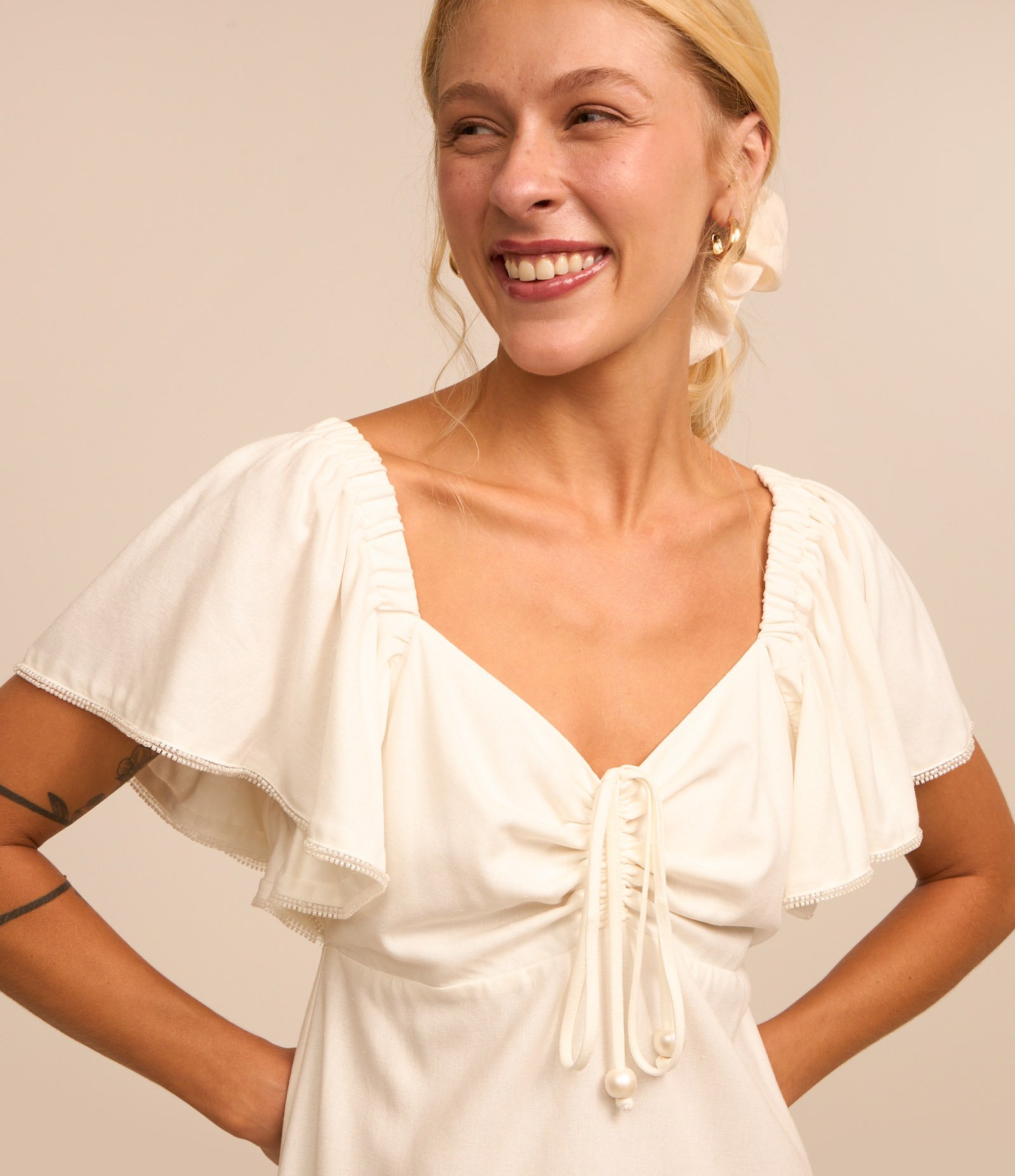 Vestido New Midi em Linho com Babados e Miçangas Branco Neve 3