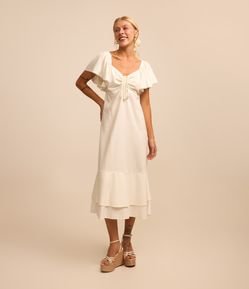 Vestido New Midi em Linho com Babados e Miçangas